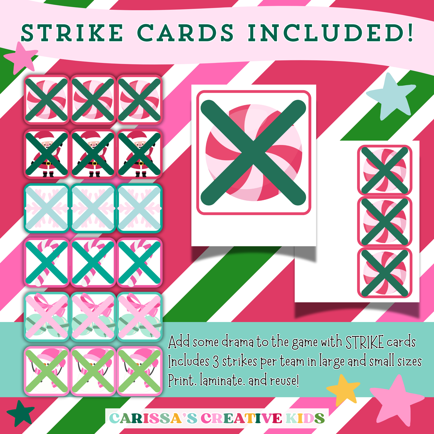 Printable strike cards included with the Christmas Feud game, shown in festive colors and two sizes. Includes 3 strikes per team to add excitement to gameplay—designed to print, laminate, and reuse for parties and classrooms.