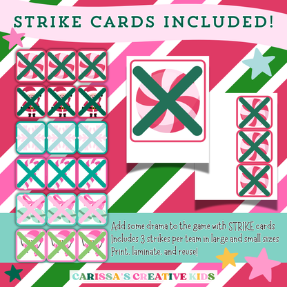 Printable strike cards included with the Christmas Feud game, shown in festive colors and two sizes. Includes 3 strikes per team to add excitement to gameplay—designed to print, laminate, and reuse for parties and classrooms.