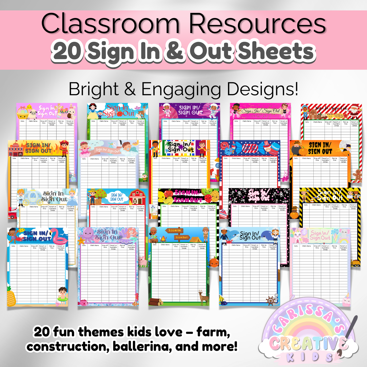 A full view of all 20 unique daycare sign-in sheet designs, featuring colorful themes like dinosaurs, space, mermaids, rainbows, sports, farm animals, and more.