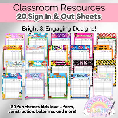 A full view of all 20 unique daycare sign-in sheet designs, featuring colorful themes like dinosaurs, space, mermaids, rainbows, sports, farm animals, and more.