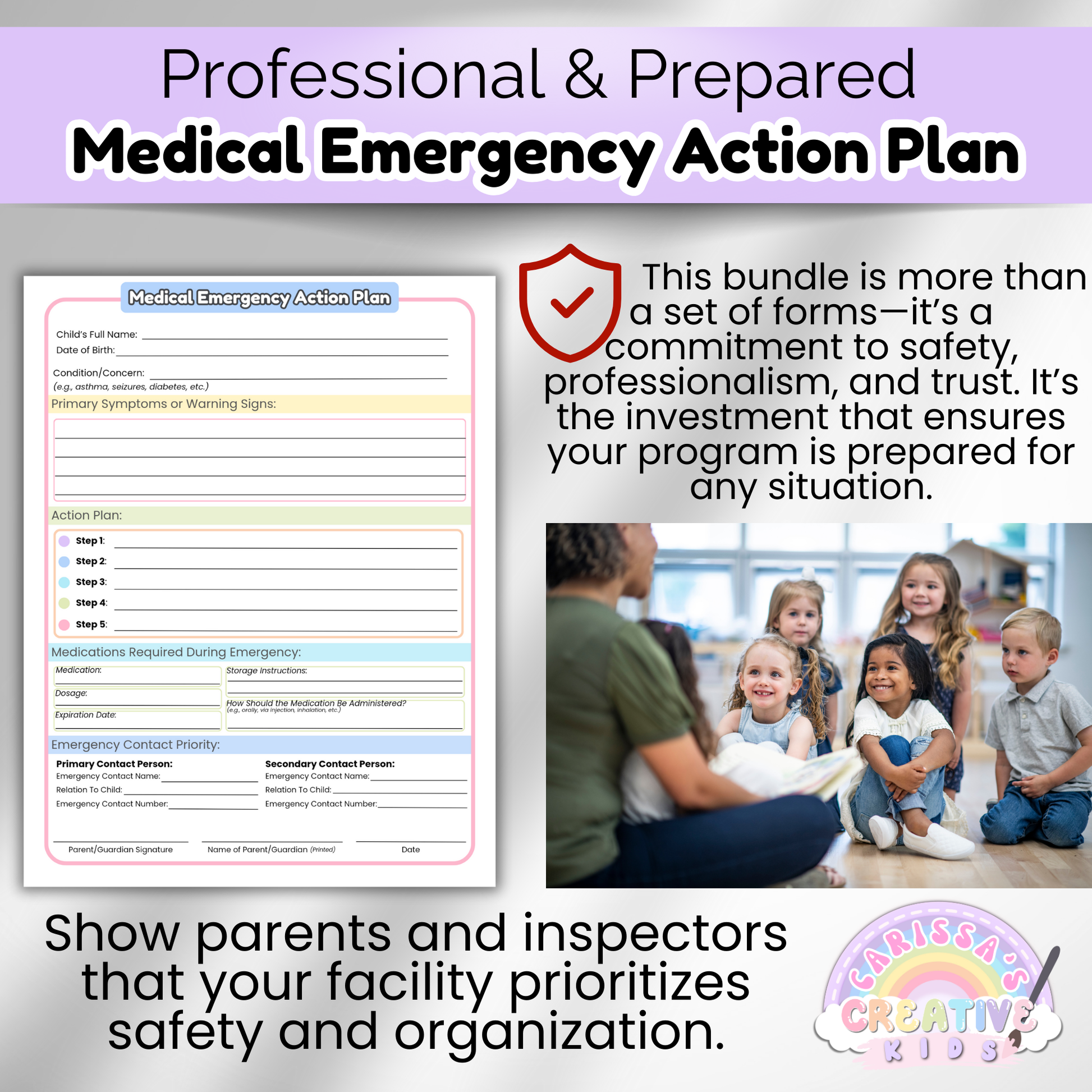 Medical Emergency Action Plan preview shown with a photo of a preschool teacher and students, highlighting how the editable forms promote safety, professionalism, and trust with parents and inspectors.

