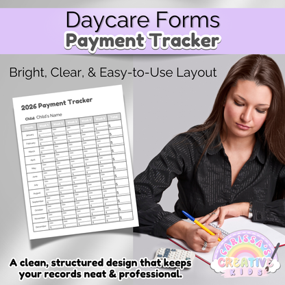 Professional use of the 2026 Daycare Payment Tracker in a clean black-and-white layout. Woman filling out tuition records by hand. Designed for structured, organized childcare bookkeeping.