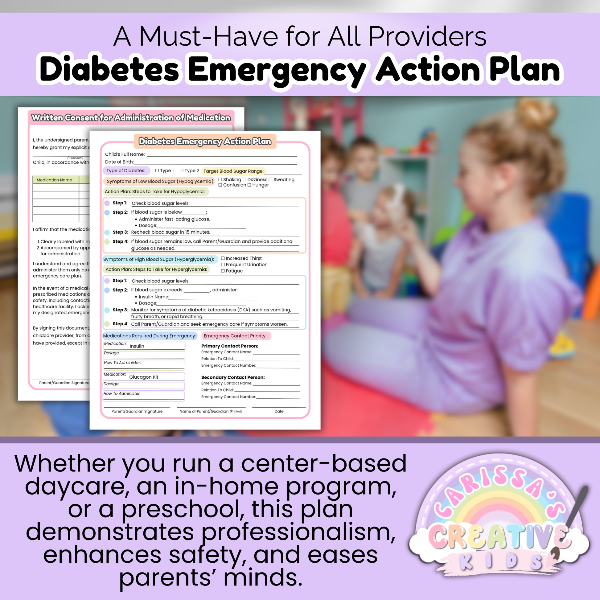 Professional Diabetes Emergency Action Plan designed for daycare and preschool environments—ensures preparedness, safety, and trust with families.