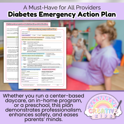 Professional Diabetes Emergency Action Plan designed for daycare and preschool environments—ensures preparedness, safety, and trust with families.