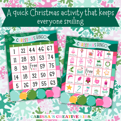 Christmas Bingo number and picture card styles shown side-by-side with colorful snowflake background and the phrase 'A quick Christmas activity that keeps everyone smiling.' Great for classroom games, family fun, or holiday parties.
