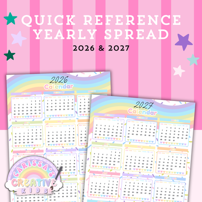 Quick reference yearly spread for the Confetti Rainbow 2026–2027 printable calendar, showing all 12 months on one page for fast at-a-glance planning for teachers, preschool, and daycare (US Letter).