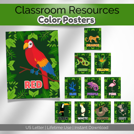 Rainforest classroom color posters with jungle animals. Perfect for preschool, daycare, and playroom decor.