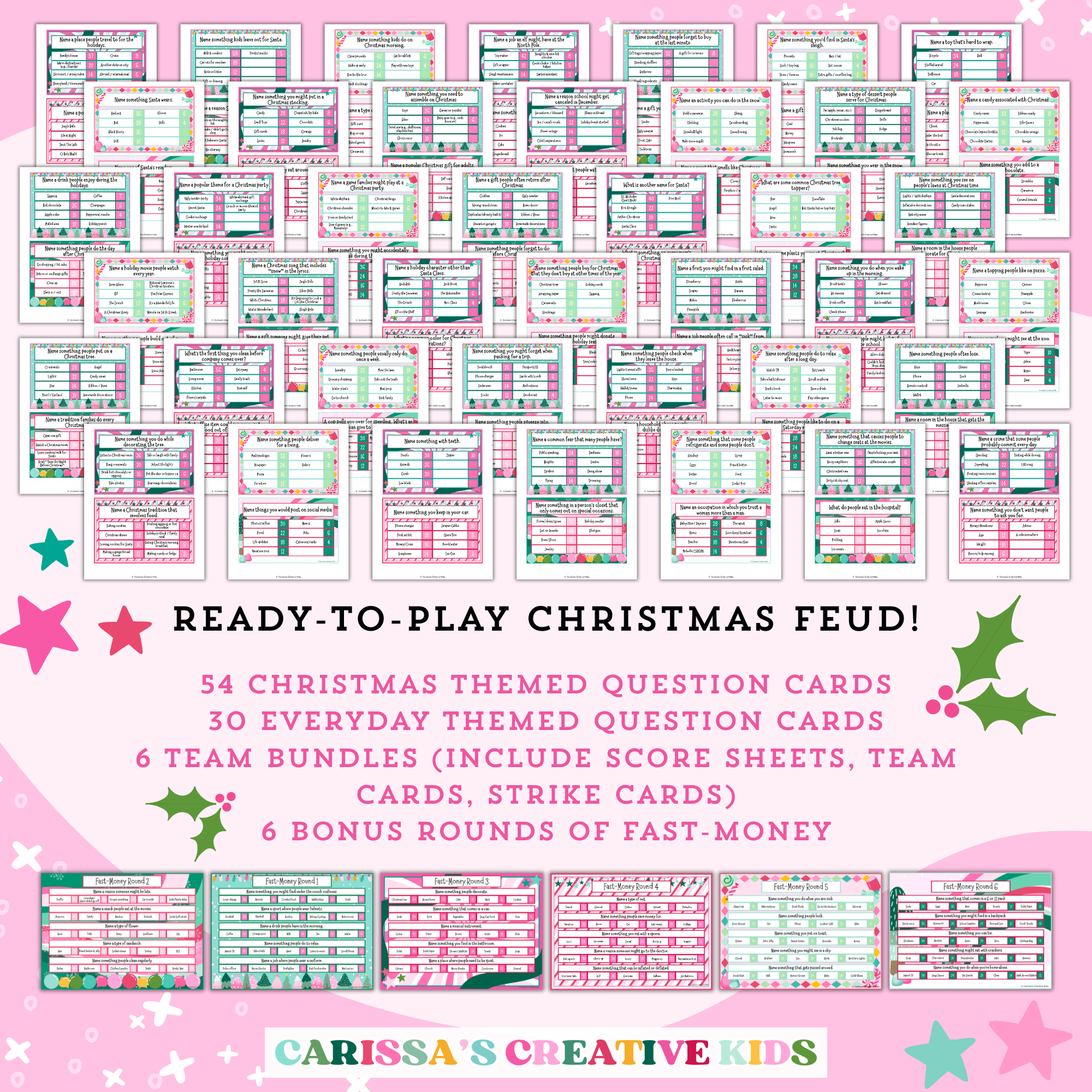 Overview of printable Christmas Feud game featuring 84 ready-to-play question cards, including 54 Christmas-themed and 30 everyday trivia questions. Includes team bundles with scorecards, team signs, strike cards, and 6 bonus Fast Money rounds for holiday parties.