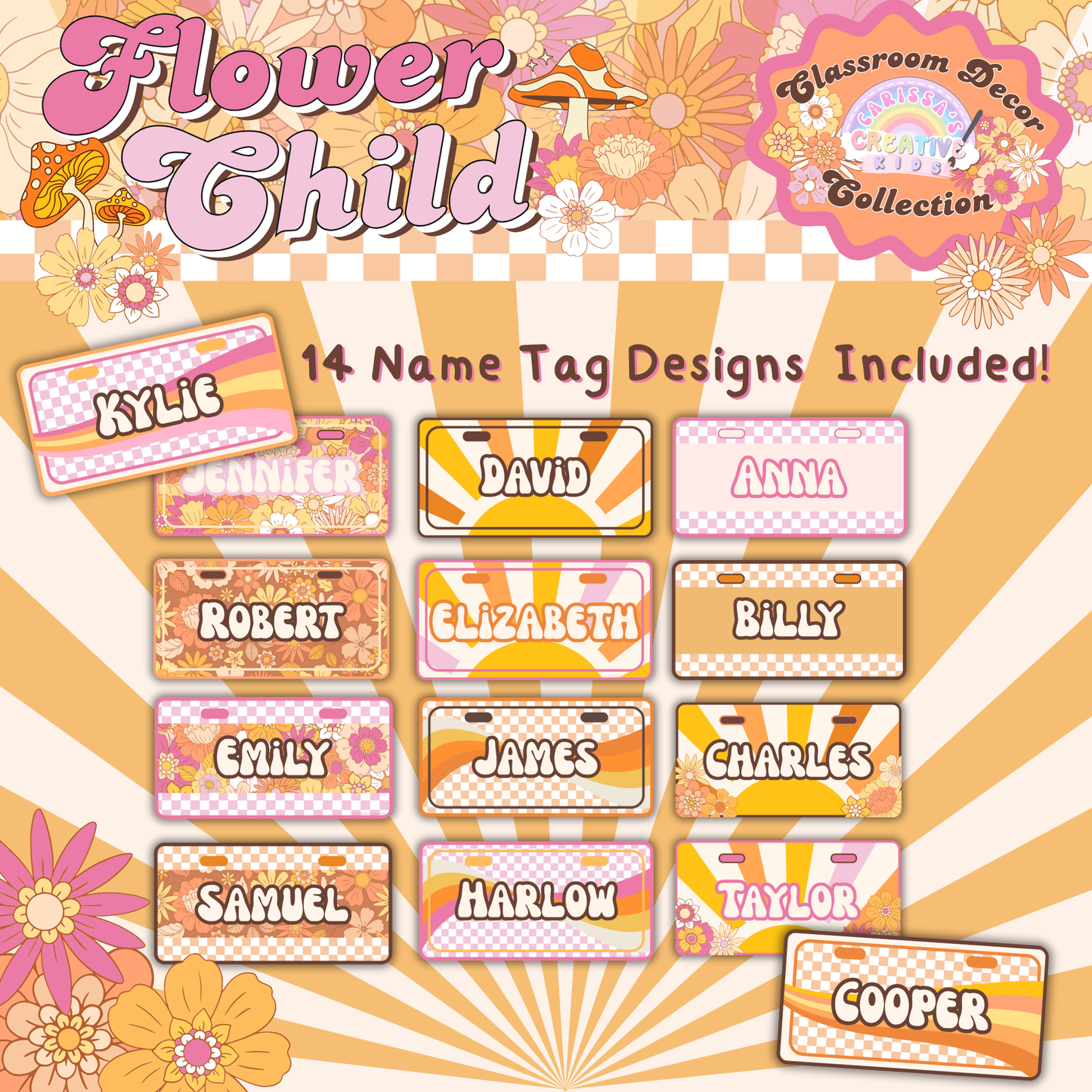 Editable Canva template for Flower Child License Plate Name Tags, showing customization options for student names.