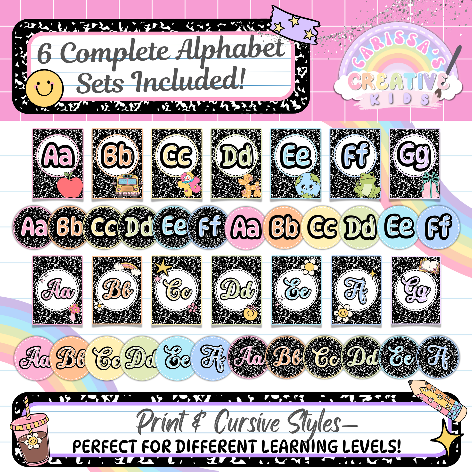 Preview of all six alphabet sets included in the Retro Rainbow Alphabet Posters bundle. Features both print and cursive styles in pastel and chalkboard designs. Great for preschool classrooms, bulletin boards, or homeschool learning environments.