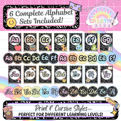 Preview of all six alphabet sets included in the Retro Rainbow Alphabet Posters bundle. Features both print and cursive styles in pastel and chalkboard designs. Great for preschool classrooms, bulletin boards, or homeschool learning environments.