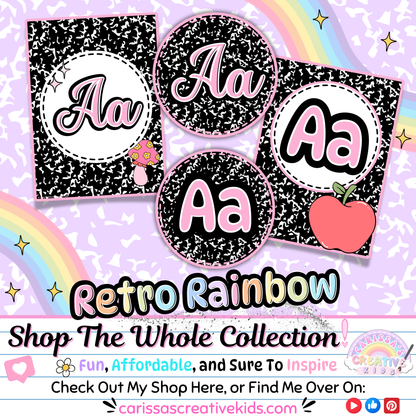 Showcase of Retro Rainbow Alphabet Posters with a call to shop the full collection. Features print and cursive alphabet cards with pastel colors and retro chalkboard backgrounds—ideal for classroom decor, preschool walls, or homeschool learning.