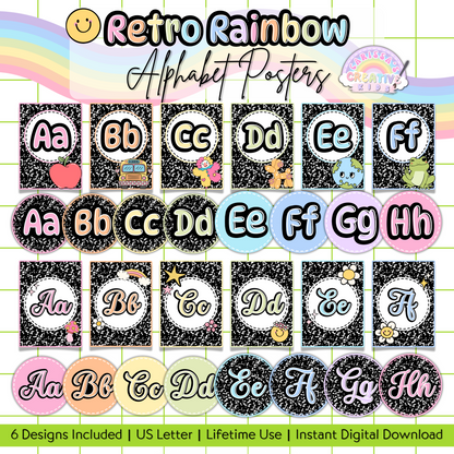 Main image for Retro Rainbow Alphabet Posters, featuring six colorful sets with print and cursive options. Includes pastel letter cards and circle versions, perfect for classroom decor, preschool printables, homeschool, or educational playroom wall art.