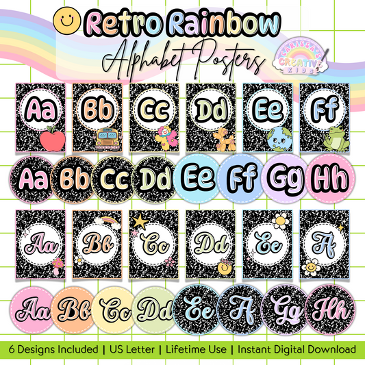 Main image for Retro Rainbow Alphabet Posters, featuring six colorful sets with print and cursive options. Includes pastel letter cards and circle versions, perfect for classroom decor, preschool printables, homeschool, or educational playroom wall art.