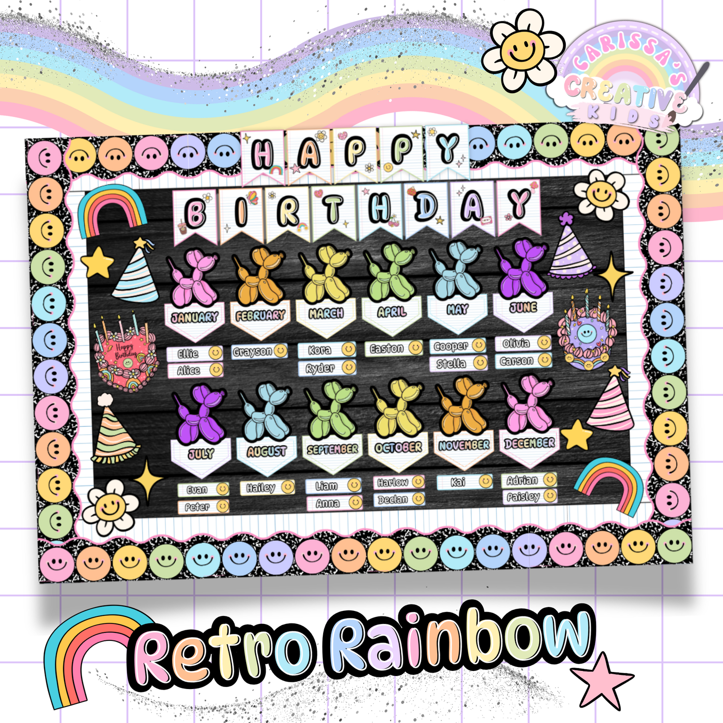 Retro Rainbow birthday board fully assembled in chalkboard style. Features editable name tags, birthday icons, and a rainbow smiley border—perfect for preschool and elementary classroom birthday walls or hallway bulletin boards.