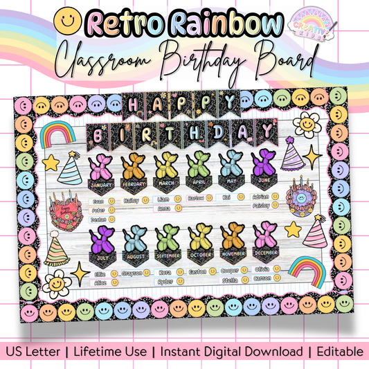 Editable Retro Rainbow Birthday Bulletin Board with colorful month headers, name tags, party cutouts, and smiley borders. Perfect printable classroom decor for preschool, daycare, and elementary birthday walls or bulletin boards.