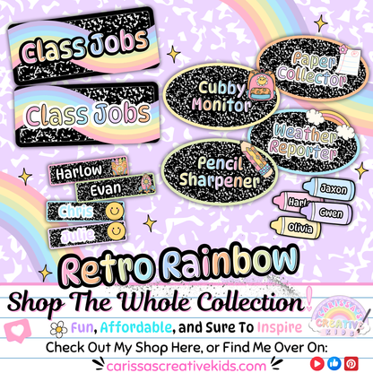 Retro Rainbow Classroom Jobs promo image featuring job cards like Cubby Monitor, Pencil Sharpener, and Weather Reporter. Highlights pastel groovy style and encourages browsing the full printable collection for preschool and elementary classrooms.