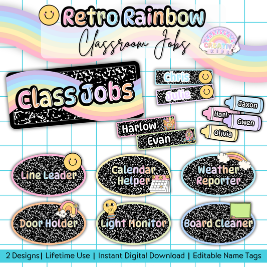 Main image for Retro Rainbow Classroom Jobs Display. Includes editable name tags, job cards like line leader and calendar helper, and pastel groovy themes. Perfect for preschool, kindergarten, or elementary classroom management and bulletin boards.