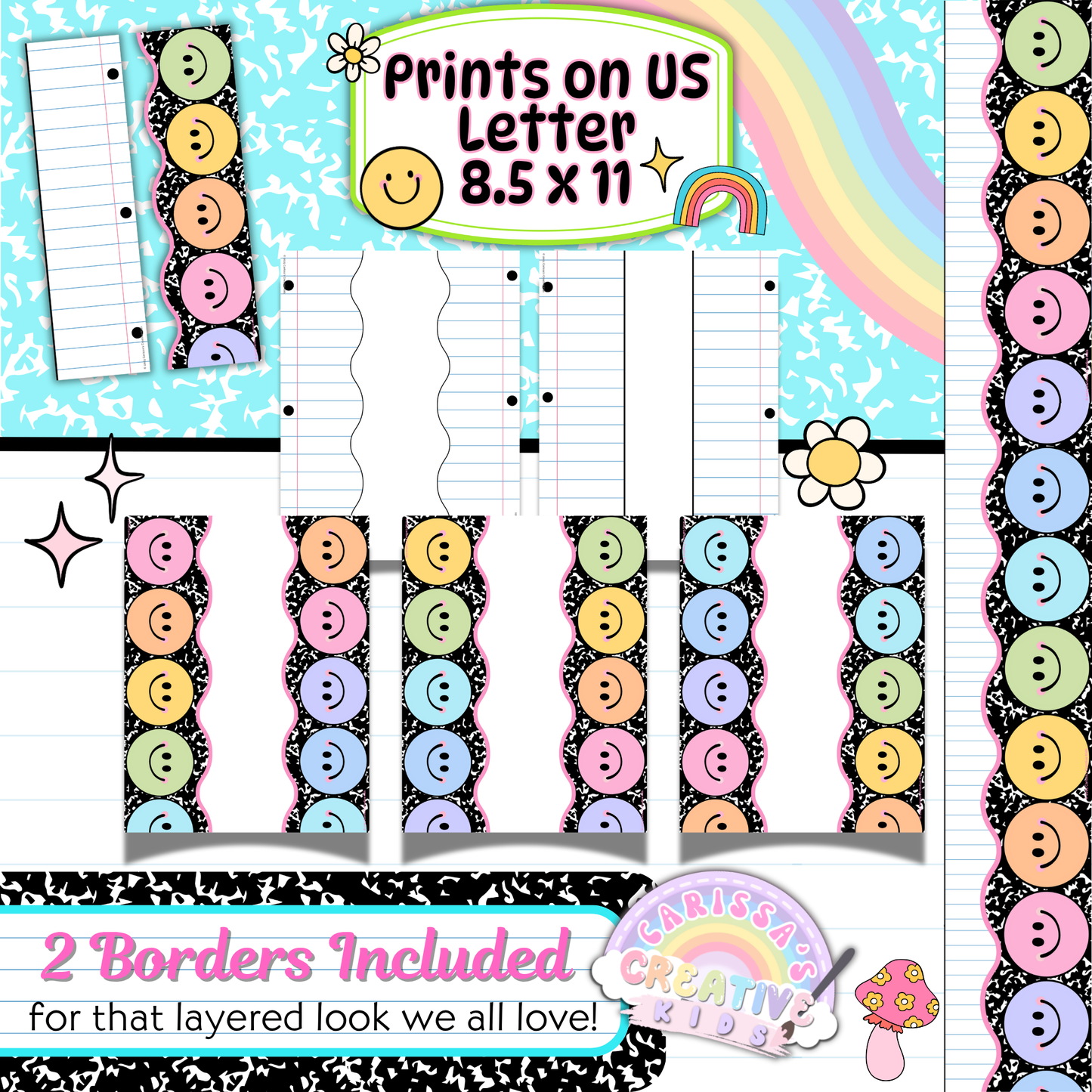 Two printable borders included for layering—one lined notebook style and one chalkboard style—both with colorful smiley faces. Designed to frame classroom birthday boards or other preschool and elementary decor displays.