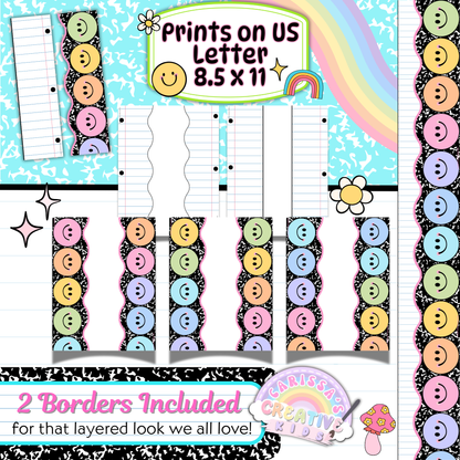 Two printable borders included for layering—one lined notebook style and one chalkboard style—both with colorful smiley faces. Designed to frame classroom birthday boards or other preschool and elementary decor displays.