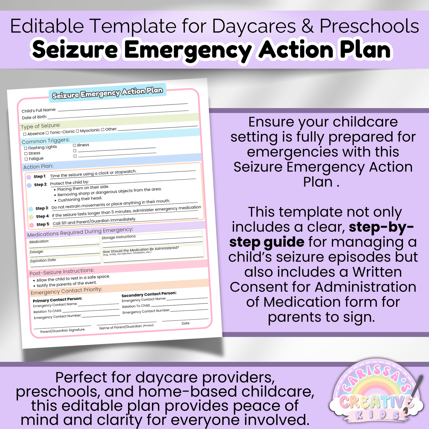 Seizure emergency care plan for daycare and in-home providers with customizable steps and medication log for children with epilepsy or chronic illness.