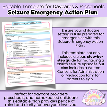 Seizure emergency care plan for daycare and in-home providers with customizable steps and medication log for children with epilepsy or chronic illness.