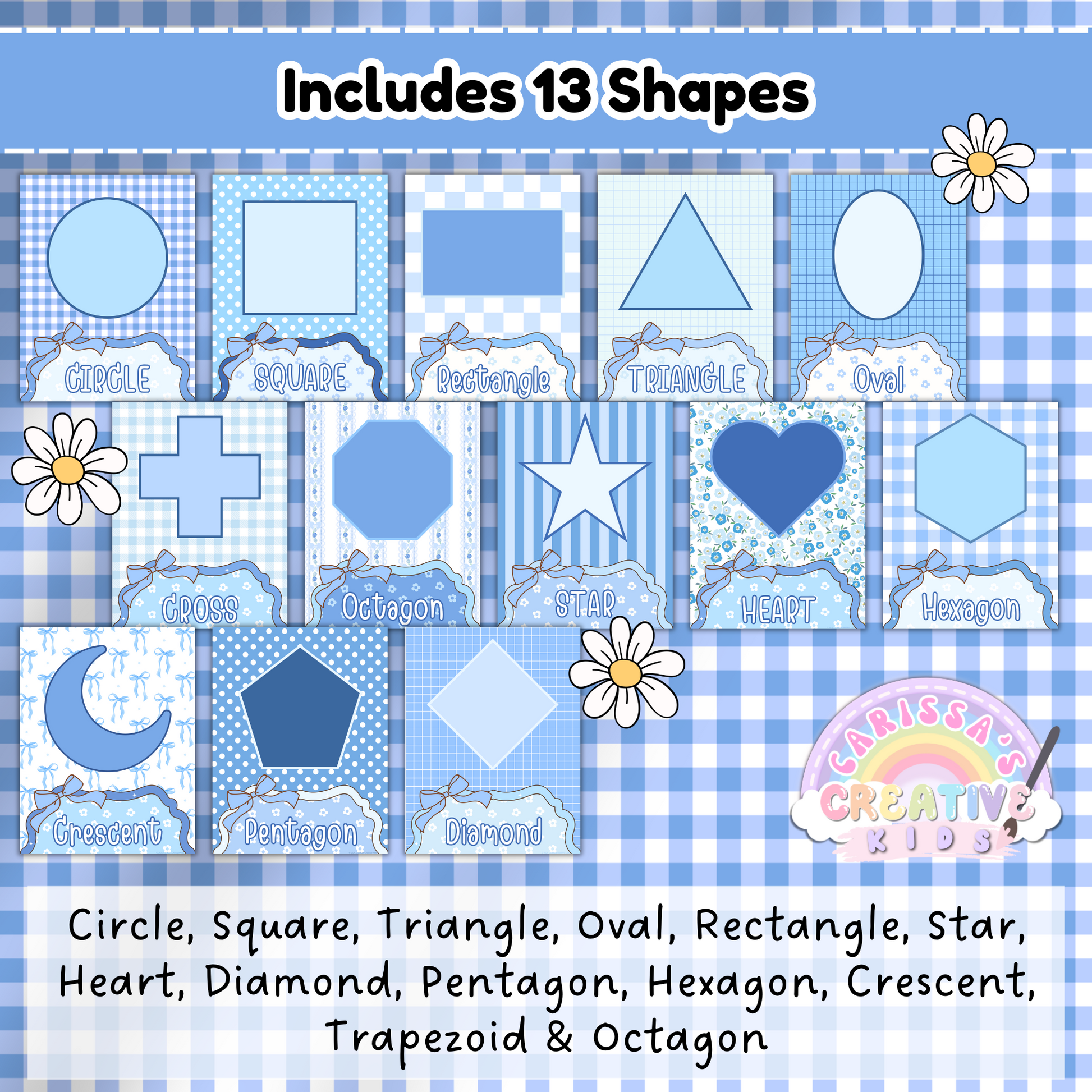 This educational classroom poster set includes 13 shapes: circle, square, triangle, oval, rectangle, star, heart, diamond, pentagon, hexagon, crescent, trapezoid, and octagon. Each shape is displayed in a silly goose theme with soft blue gingham backgrounds, perfect for preschool and kindergarten learning walls.