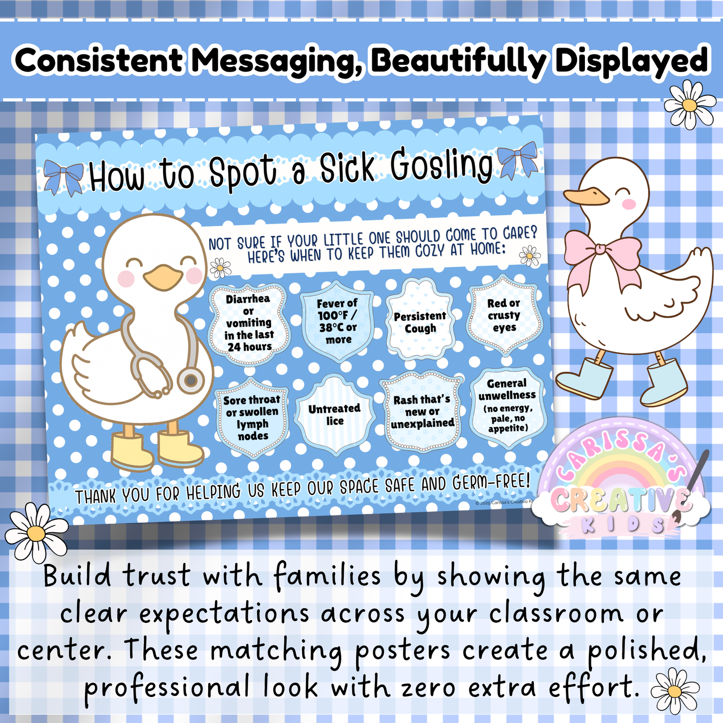Printable Sick Child Checklist Poster for Daycare – Preschool Health Sign with Goose Theme and Symptom Guidelines for Parents