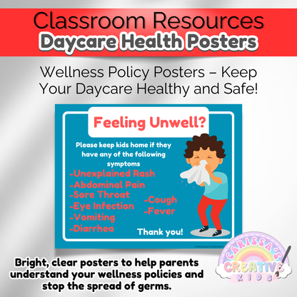 Daycare sick policy health poster for clear communication of wellness rules. Perfect for daycare decor and organization.