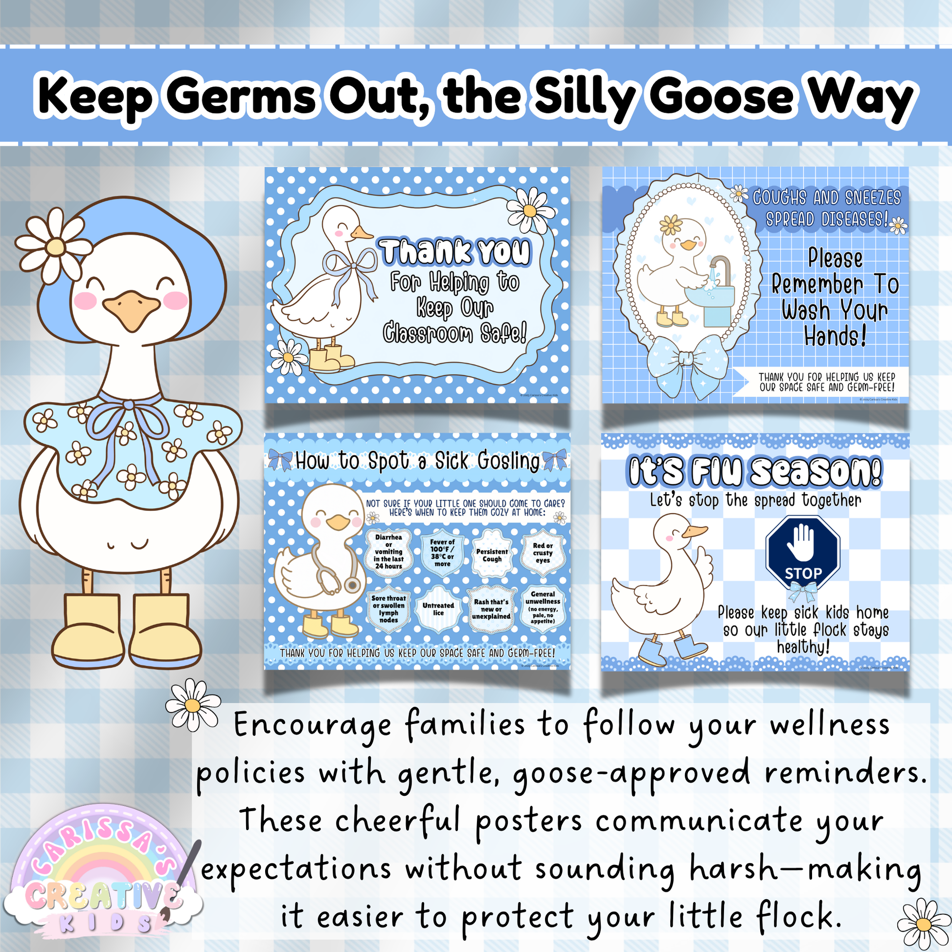 Printable Sick Policy Posters for Daycare and Preschool – Silly Goose Theme Health Signs for Handwashing, Flu Season, and Germ Prevention