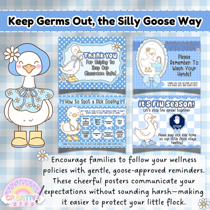 Printable Sick Policy Posters for Daycare and Preschool – Silly Goose Theme Health Signs for Handwashing, Flu Season, and Germ Prevention