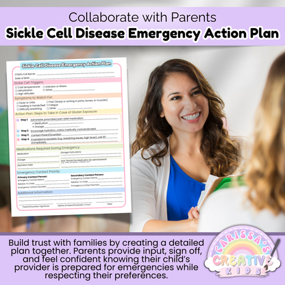 Caregiver and parent reviewing the editable Sickle Cell Emergency Action Plan for childcare. Printable form supports family collaboration and clear medical planning for children with chronic conditions.
