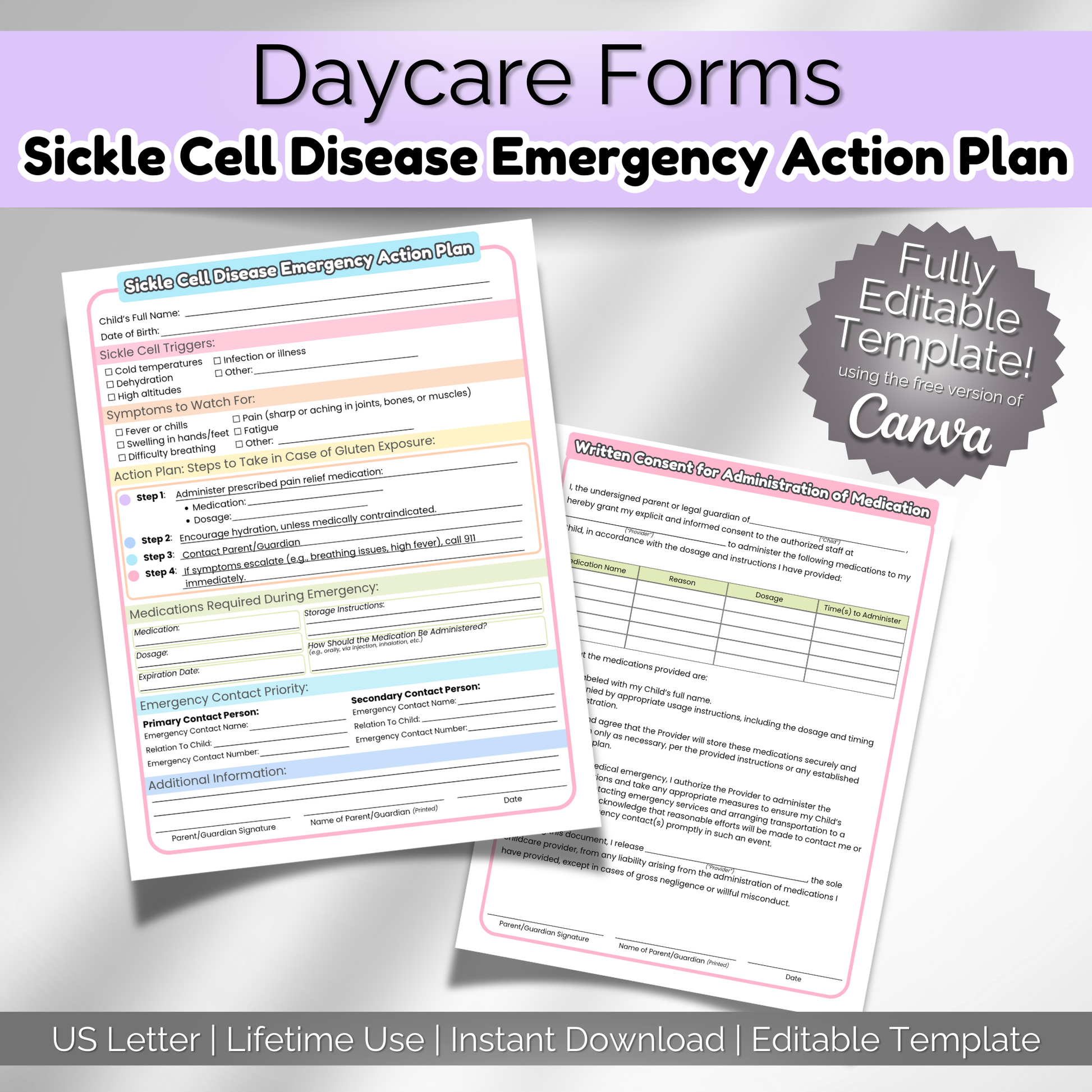Main listing image showing printable Sickle Cell Disease Emergency Action Plan for daycare and preschool. Editable Canva template with medical instructions and medication consent form.