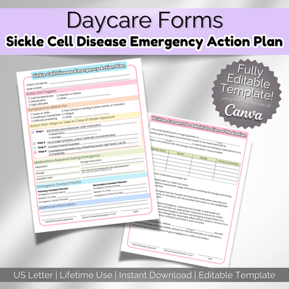 Main listing image showing printable Sickle Cell Disease Emergency Action Plan for daycare and preschool. Editable Canva template with medical instructions and medication consent form.