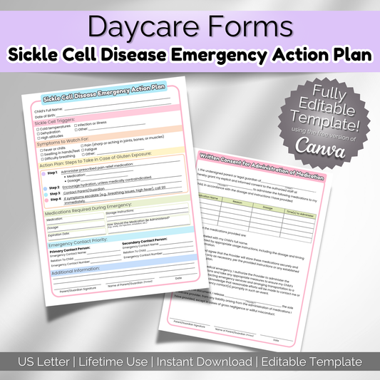 Main listing image showing printable Sickle Cell Disease Emergency Action Plan for daycare and preschool. Editable Canva template with medical instructions and medication consent form.