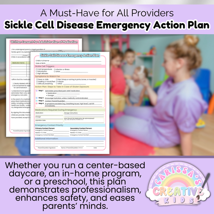 Childcare provider in a classroom setting using the Sickle Cell Disease Emergency Action Plan. Includes printable emergency form and medication consent sheet for preschool or daycare use.