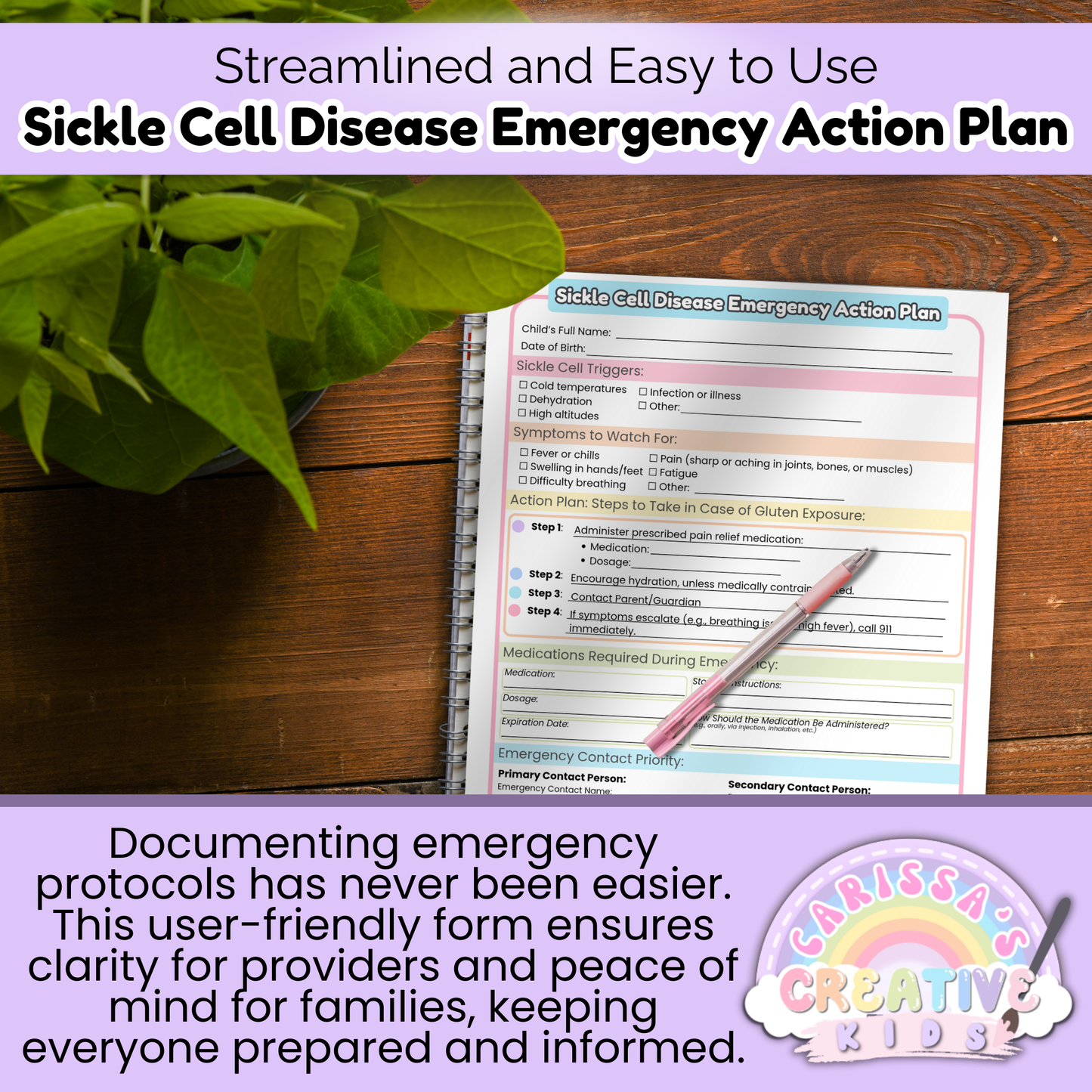Printable Sickle Cell Disease Emergency Action Plan template on clipboard. Simple and user-friendly form for documenting emergency care in daycare or preschool settings.