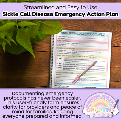 Printable Sickle Cell Disease Emergency Action Plan template on clipboard. Simple and user-friendly form for documenting emergency care in daycare or preschool settings.