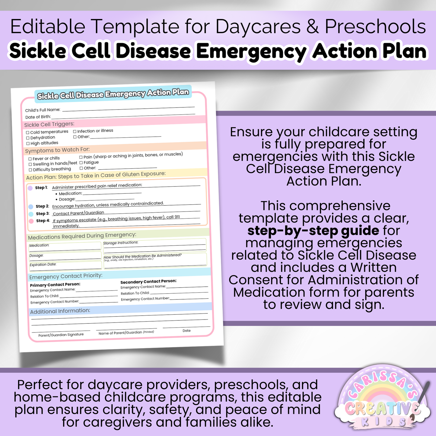 Preview of editable Sickle Cell Disease Emergency Action Plan for daycare and preschool. Includes step-by-step emergency guide and a medication consent form for parent signatures.
