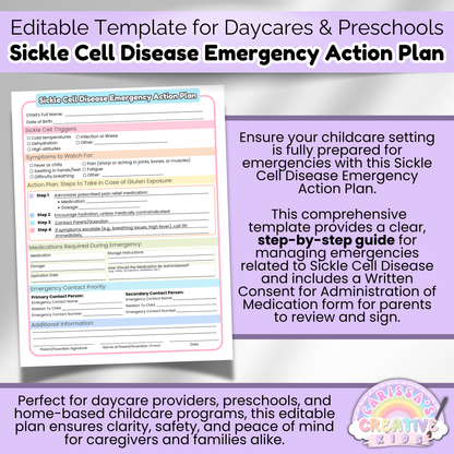Preview of editable Sickle Cell Disease Emergency Action Plan for daycare and preschool. Includes step-by-step emergency guide and a medication consent form for parent signatures.