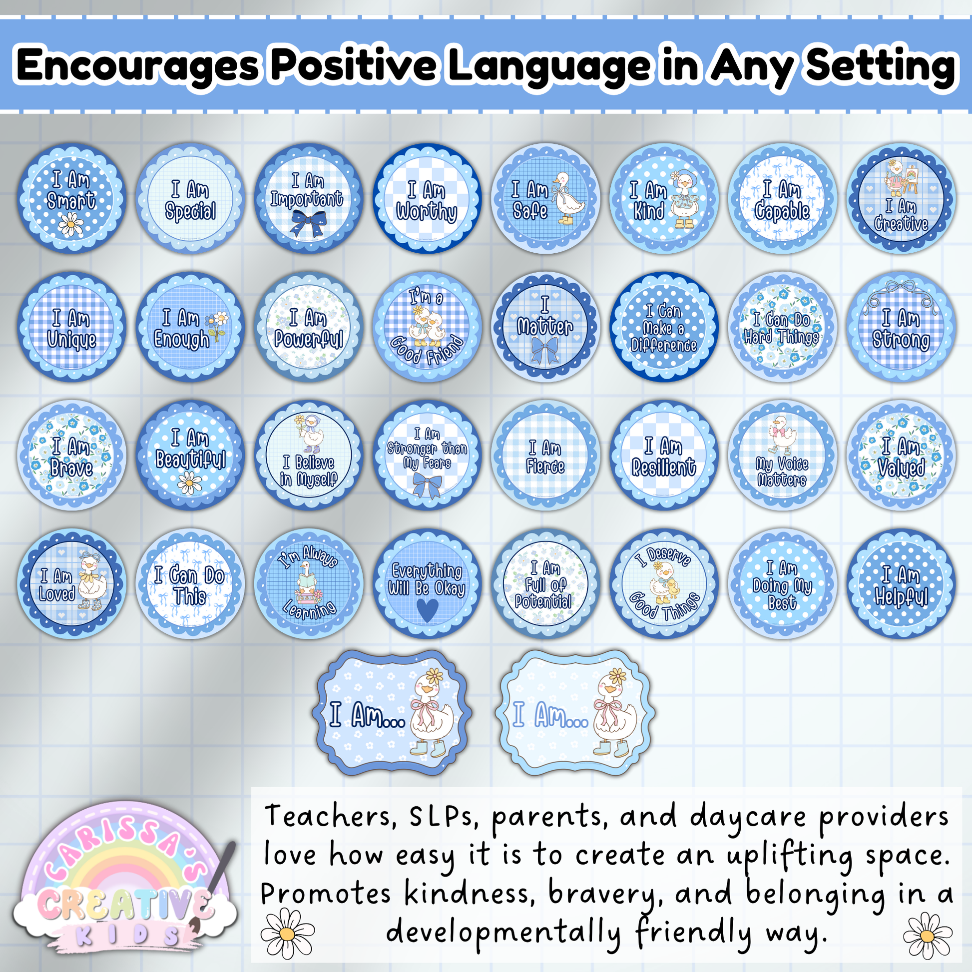 Encourages positive language and daily affirmations in classrooms, speech therapy rooms, and daycare spaces. Features Silly Goose printable affirmation cards designed to promote kindness, bravery, and confidence for preschool and early learners.