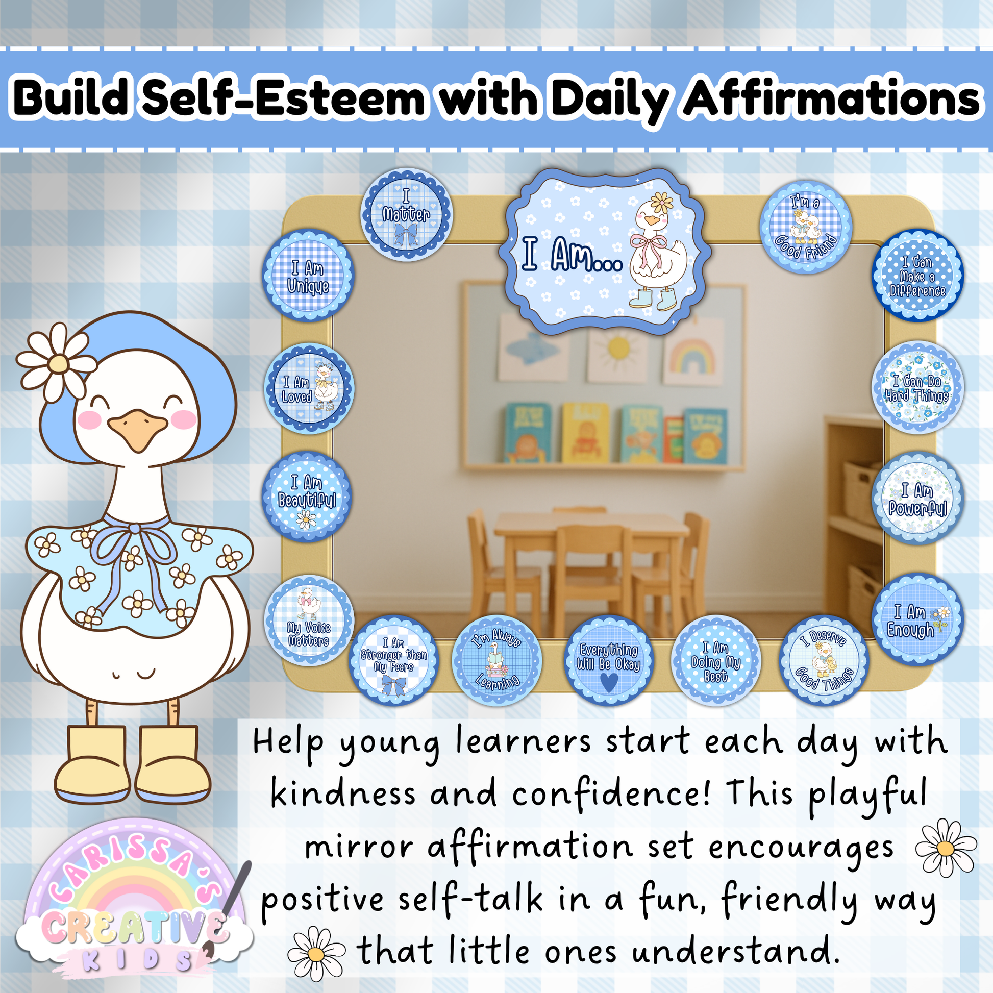 Build self-esteem with the Silly Goose Affirmation Mirror printable. Encourages positive self-talk and daily affirmations for preschool, daycare, and classroom decor. Perfect SEL tool for boosting confidence and kindness in early learners.