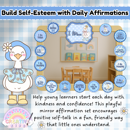 Build self-esteem with the Silly Goose Affirmation Mirror printable. Encourages positive self-talk and daily affirmations for preschool, daycare, and classroom decor. Perfect SEL tool for boosting confidence and kindness in early learners.