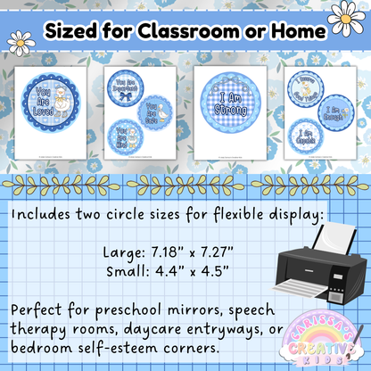 Silly Goose Affirmation Mirror printable circles in two sizes for flexible display. Perfect for preschool classrooms, daycare mirrors, speech therapy rooms, and bedroom self-esteem corners. Easy-to-print SEL resource for home or school.