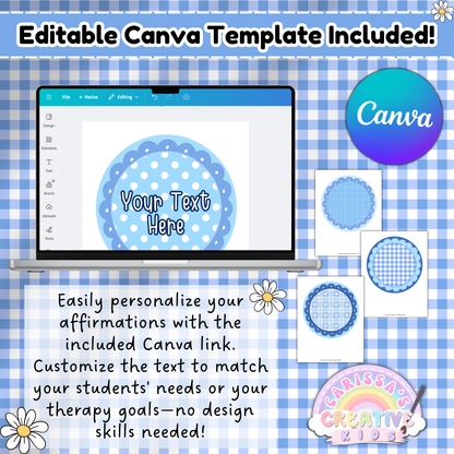 Editable Canva template for Silly Goose Affirmation Mirror printables. Easily customize positive affirmations for classroom decor, daycare, or speech therapy with editable text circles. No design skills needed.