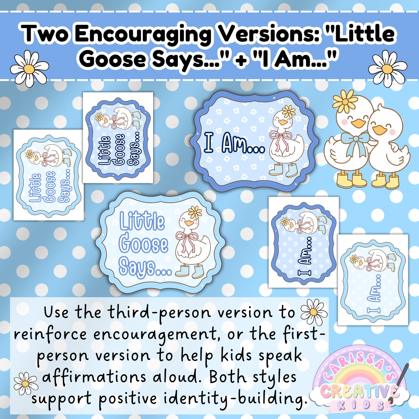 Editable Silly Goose Affirmation Printable with two versions: ‘Little Goose Says...’ for encouragement and ‘I Am...’ for student voice. Supports identity-building and daily affirmations in classroom SEL routines and daycare spaces.