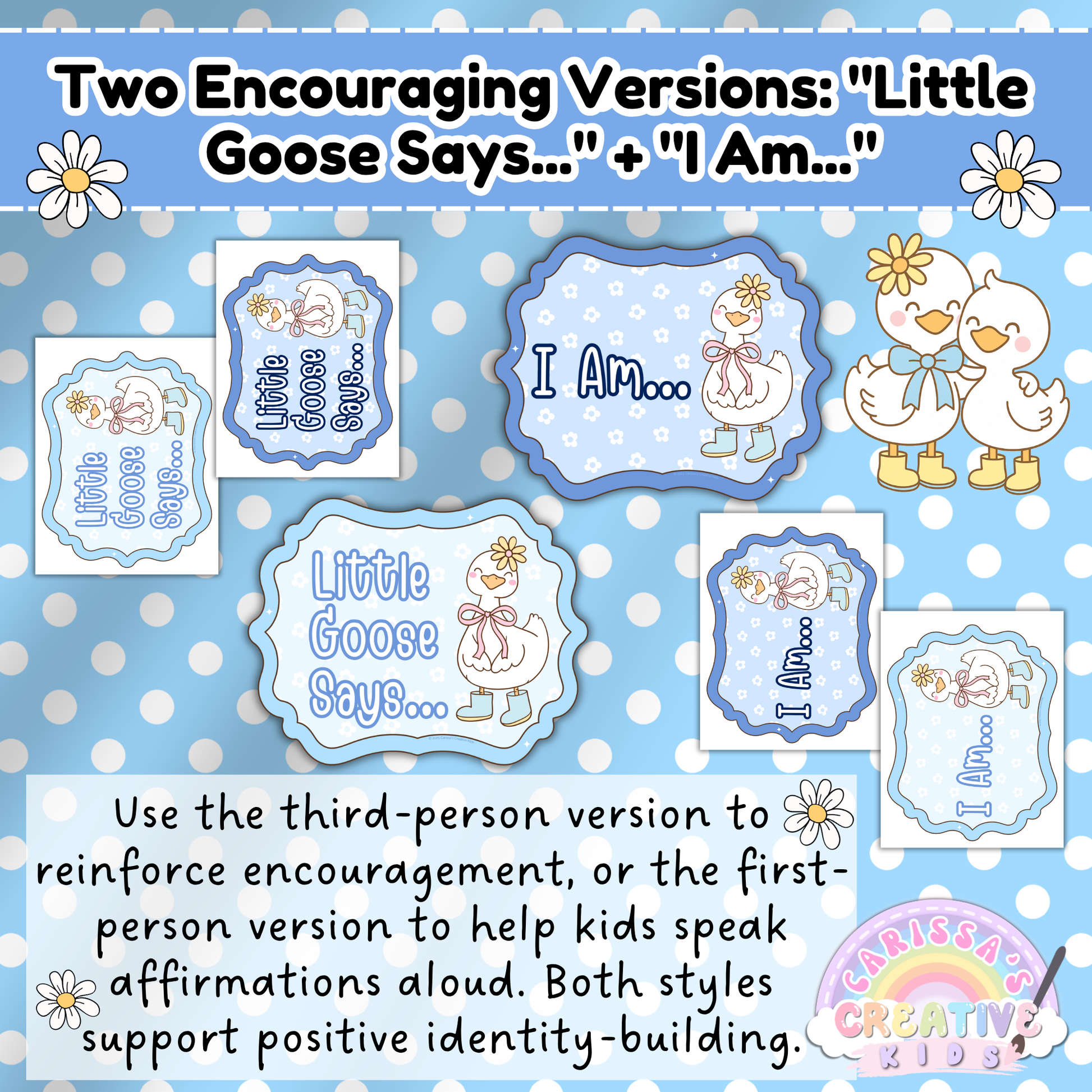 Editable Silly Goose Affirmation Printable with two versions: ‘Little Goose Says...’ for encouragement and ‘I Am...’ for student voice. Supports identity-building and daily affirmations in classroom SEL routines and daycare spaces.