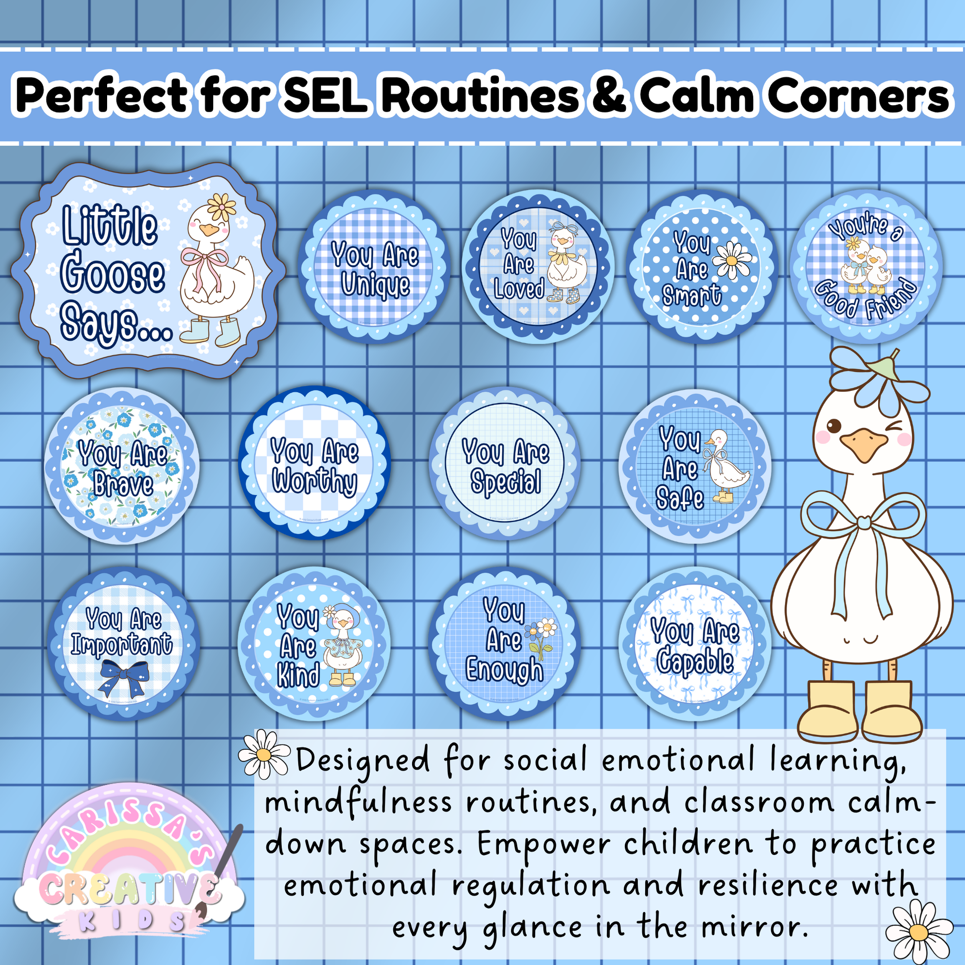 Printable Silly Goose Affirmation Station circles, perfect for SEL routines, calm corners, and mindfulness spaces in preschool and daycare classrooms. Encourages emotional regulation and positive self-talk for young learners.