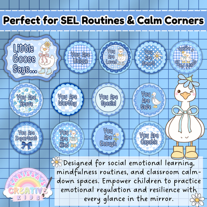 Printable Silly Goose Affirmation Station circles, perfect for SEL routines, calm corners, and mindfulness spaces in preschool and daycare classrooms. Encourages emotional regulation and positive self-talk for young learners.