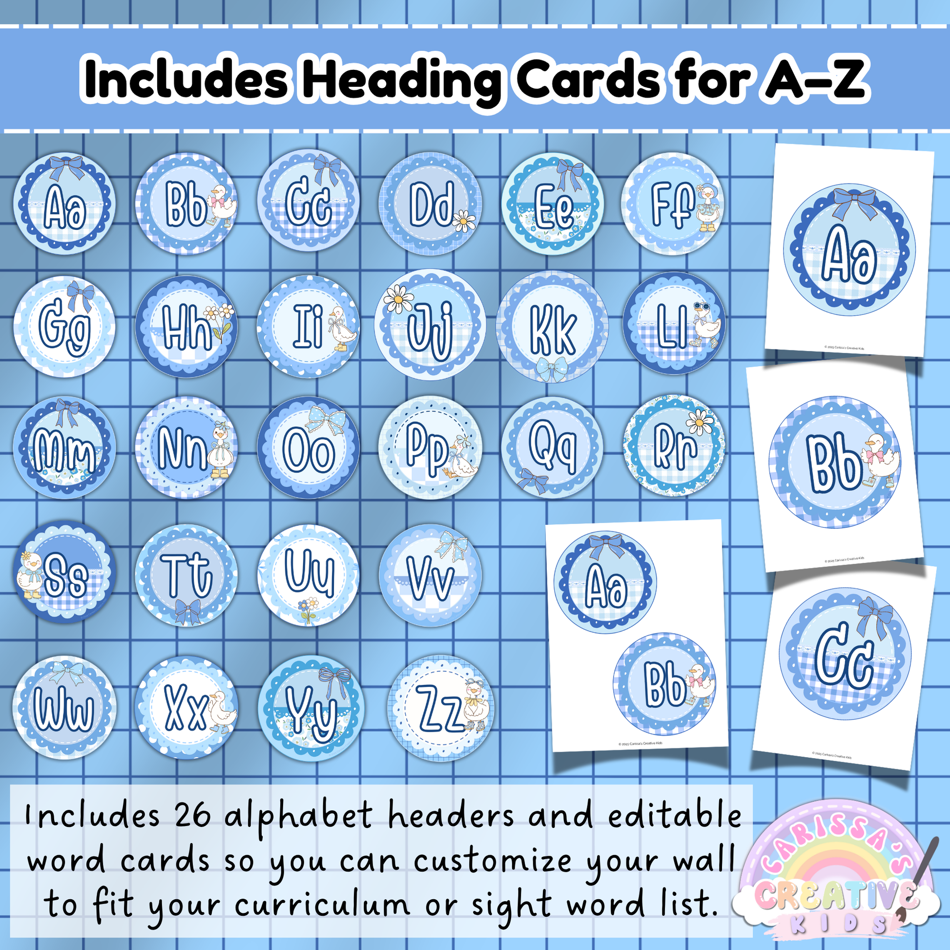 A–Z alphabet circle header cards in vintage blue for editable classroom word wall—perfect for customizing sight word displays in early elementary or kindergarten.